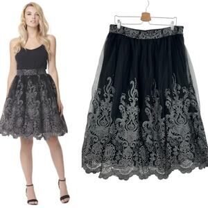 Chi Chi London Black Baroque Style Midi‎ Skirt Tulle Metallic Silver UK 18 US 14